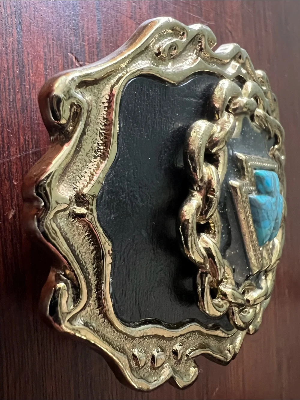 Vintage Southwestern Turquoise Inlay Belt Buckle Gold Tone - Western USA